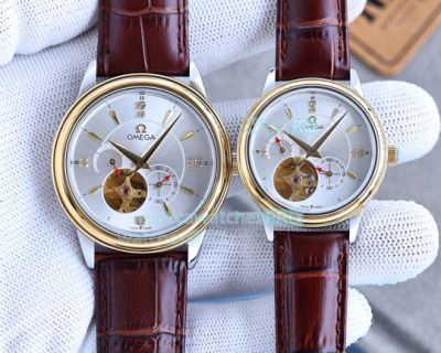 Replica Omega Silver Dial Gold Bezel Multifunction Couple Leather Watch